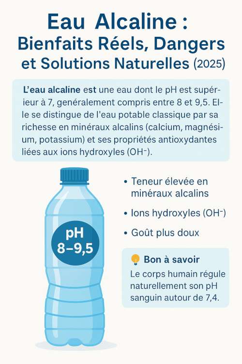 Bouteille d'eau alcaline pH 8-9,5 riche en minéraux alcalins et ions hydroxyles